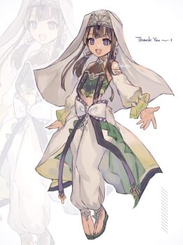 1girl arabian_clothes brown_hair dunyazad_(grimms_notes) english_text full_body grimms_notes highres ooya_(july_26) open_mouth smile solo