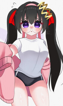 Rule 34 | 1girl, alt 0218, artist name, black buruma, black hair, buruma, commentary request, crown, fairy, fairy wings, glasses, grey background, gym uniform, hair ribbon, highres, kirby (series), kirby 64, long hair, looking at viewer, nintendo, red ribbon, ribbon, ripple star queen, shirt, simple background, sweat, twintails, white shirt, wings