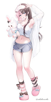 Rule 34 | 1girl, absurdres, armpits, asymmetrical legwear, black hair, black nails, blue bow, bow, commentary request, dolphin shorts, footwear bow, full body, hand up, highres, long hair, long sleeves, looking at viewer, mismatched legwear, multicolored hair, navel, neko neneko, parted lips, pink bow, pink hair, pink nails, pink slippers, shorts, simple background, slippers, socks, solo, split-color hair, standing, stomach, striped clothes, striped socks, stuffed toy, tachibana hinano, two-tone hair, virtual youtuber, vspo!, white background