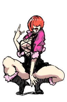 1girl \m/ black_boots black_dress boots breasts cleavage cleavage_cutout clothing_cutout commentary cropped_jacket dress full_body fur-trimmed_boots fur-trimmed_jacket fur_trim hair_over_eyes hand_up jacket kobi420 large_breasts no_eyes open_clothes open_jacket open_mouth orange_hair pink_jacket shermie_(kof) short_hair simple_background sketch solo squatting stomach_cutout the_king_of_fighters thighs tongue tongue_out white_background