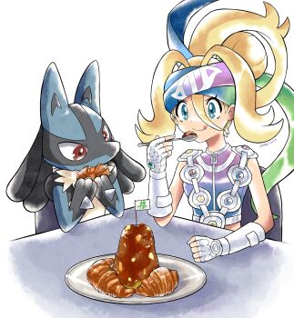 1girl 1other bandolier belt blonde_hair blue_eyes blue_fur blue_hair body_fur breasts closed_mouth croissant curry eating fingerless_gloves flag food food_in_mouth furry gen_4_pokemon gloves gradient_clothes gradient_shirt green_hair hair_between_eyes hairband highres joanna_ccat korrina_(pokemon) long_hair lucario mega_evolution_symbol mega_stone nintendo plate pokemon pokemon_(creature) pokemon_legends:_z-a purple_hair red_eyes shirt sleeveless sleeveless_shirt smile spikes tongue tongue_out white_gloves yellow_fur