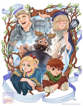 Rule 34 | 2girls, 3boys, armor, artist name, beard, blonde hair, blue hat, blue robe, border, braid, brother and sister, brown eyes, brown gloves, brown hair, brown vest, chilchuck tims, choker, closed eyes, cooking, crossed arms, dungeon meshi, dwarf, elf, facial hair, fake horns, falin touden, gloves, green eyes, green scarf, hair ribbon, halfling, hat, helmet, highres, holding, holding spatula, holding staff, hood, hood down, horned helmet, horns, laios touden, long hair, marcille donato, multiple boys, multiple girls, open mouth, patreon username, pauldrons, plate armor, pointy ears, red choker, red ribbon, ribbon, rice, robe, scarf, senshi (dungeon meshi), shirt, short hair, shoulder armor, siblings, smile, spatula, staff, steam, twin braids, upper body, vest, white border, white shirt, yellow eyes, yokaniii