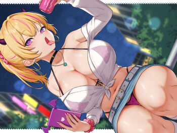 1girl black_choker blonde_hair blue_skirt blurry blurry_background bra bra_visible_through_clothes breasts building can cellphone choker city cleavage collarbone drink_can dutch_angle earrings hair_ornament hair_scrunchie heart heart_necklace highres holding holding_can holding_phone hoop_earrings horns jewelry large_breasts long_sleeves multicolored_hair nail_polish navel necklace night open_clothes open_shirt original panties phone pink_bra pink_hair pink_nails pink_panties purple_eyes scrunchie shirt sitting skirt smartphone smartphone_case socks solo streaked_hair thighs tied_shirt tongue tongue_out tree two-tone_hair umihal underwear white_shirt white_socks wide_hips wrist_scrunchie