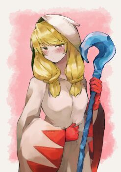 1girl blonde_hair blush braid brown_hair closed_mouth final_fantasy final_fantasy_tactics gloves hand_on_own_stomach holding holding_staff hood red_gloves robe solo staff tarai_(yamadarairai) twin_braids upper_body weapon white_mage white_mage_(fft) white_mage_(final_fantasy)