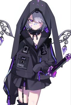 1girl alternate_hair_length_(shorter) animal_ears bandaid bandaid_on_cheek bandaid_on_face bandaid_on_nose belt black_choker black_garter_straps black_jacket black_ribbon black_skirt chest_jewel choker collarbone commentary face_jewel fake_animal_ears frilled_choker frilled_thighhighs frills garter_straps gem grey_hair hair_between_eyes hair_over_one_eye highres hololive hololive_english hood hood_up hooded_jacket id_card jacket jewel_under_eye katana knees_out_of_frame koseki_bijou koseki_bijou_(casual) layered_skirt legs_together light_frown long_bangs long_sleeves looking_at_viewer metal_wings moai multicolored_gem neck_ribbon official_alternate_costume official_alternate_hairstyle open_clothes parted_bangs pleated_skirt purple_belt purple_eyes purple_gem ribbon sheath sheathed short_hair side_part simple_background single_garter_strap single_thighhigh sion_nowloading skirt sleeve_belt sleeves_past_fingers sleeves_past_wrists solo standing swept_bangs sword thighhighs thighs tomato_(sword) two-sided_fabric two-sided_jacket virtual_youtuber weapon white_background zipper zipper_pull_tab