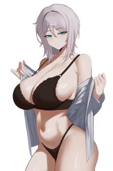 1girl absurdres aqua_eyes black_bra black_panties bra breasts cleavage faust_(project_moon) grey_hair hashtag-only_commentary highres lace lace-trimmed_bra lace-trimmed_panties lace_trim large_breasts limbus_company lingerie medium_hair navel open_clothes open_shirt panties pmlbtmlorlc project_moon shirt simple_background solo underwear white_background white_shirt