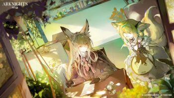 2girls animal_ears arknights black_gloves black_jacket blonde_hair chair closed_eyes closed_mouth commentary dress english_commentary fox_ears fox_girl gloves holding holding_pen indoors jacket kanaria_(fuusenkazura) long_hair long_sleeves mother_and_daughter multiple_girls necktie on_chair open_mouth pen second-party_source sitting smile standing suzuran_(arknights) table vulpisfoglia_(arknights) wooden_table writing