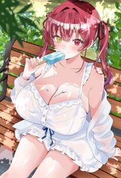 1girl alternate_breast_size_(larger) blush breasts cleavage collarbone commentary_request dress food heterochromia highres holding holding_food holding_popsicle hololive houshou_marine huge_breasts jacket long_hair looking_at_viewer open_clothes open_jacket outdoors popsicle red_eyes red_hair rota_kokko sitting smile solo twintails virtual_youtuber white_dress white_jacket yellow_eyes