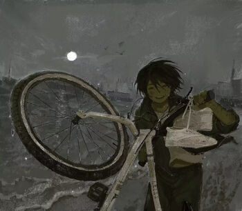 Rule 34 | 1boy, bicycle, bird, commentary, full moon, leizi (vgpm7245), male focus, moon, ocean, open mouth, original, shoes, smile, solo, unworn shoes
