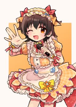 Rule 34 | 1girl, akagi miria, black hair, blush, bow, brown eyes, frills, highres, holding, holding microphone, idolmaster, idolmaster cinderella girls, idolmaster cinderella girls u149, looking at viewer, microphone, one eye closed, open mouth, short hair, short sleeves, smile, solo, tko0, wrist cuffs