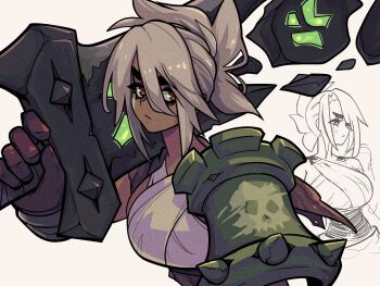 1girl breasts commentary dark-skinned_female dark_skin doobermcgoober english_commentary grey_hair hair_between_eyes highres holding holding_sword holding_weapon large_breasts league_of_legends ponytail red_eyes riot_games riven_(league_of_legends) solo sword weapon