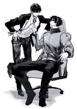 2boys black_hair chair clothes_grab collared_shirt elbow_rest full_body gaming_chair hand_on_own_hip headphones headset highres id_card jacket kim_dokja kyou_tayaoi looking_at_another male_focus multiple_boys necktie necktie_grab neckwear_grab omniscient_reader&#039;s_viewpoint shirt short_hair swivel_chair yoo_joonghyuk