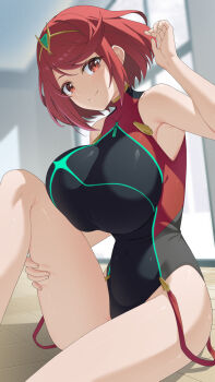 1girl adapted_costume black_one-piece_swimsuit blush breasts commentary day earrings english_commentary highres indoors jewelry large_breasts looking_at_viewer mzrz one-piece_swimsuit pyra_(pro_swimmer)_(xenoblade) pyra_(xenoblade) red_eyes red_hair red_one-piece_swimsuit short_hair sitting smile solo swimsuit tiara window xenoblade_chronicles_(series) xenoblade_chronicles_2