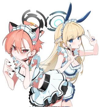 2girls ahoge animal_ear_hairband animal_ears belt black_choker black_nails black_skirt blonde_hair blue_archive blue_eyes blue_hairband blue_nails blue_skirt blush braid breasts cat_ear_hairband cat_ears choker cleavage crop_top crown_braid earrings fake_animal_ears frilled_hairband frilled_shirt frilled_skirt frills hair_ornament hair_tie hairband halo heart heart_hands jewelry jjigong_chigon layered_skirt leaning_forward long_hair maid_headdress medium_breasts midriff mole mole_under_each_eye mole_under_eye multiple_girls multiple_moles neru_(blue_archive) open_mouth orange_hair rabbit_ear_hairband rabbit_ears red_eyes shirt short_hair side_braid skirt sleeveless sleeveless_shirt slit_pupils small_breasts standing toki_(blue_archive) toki_(bunny)_(blue_archive) twitter_username v w watermark white_background white_shirt white_skirt