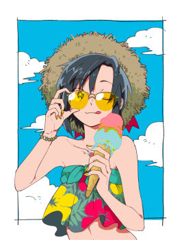 1girl ;q aoic bare_arms bare_shoulders bikini black_hair bracelet brown_hat collarbone flat_chest floral_print hat hat_ribbon hibiscus_print holding holding_ice_cream_cone ice_cream_cone idolmaster idolmaster_(classic) jewelry kikuchi_makoto midriff nail_polish one_eye_closed over-rim_eyewear print_bikini red_ribbon ribbon semi-rimless_eyewear short_hair solo strapless strapless_bikini straw_hat sun_hat sunglasses swimsuit tinted_eyewear tongue tongue_out upper_body yellow-tinted_eyewear yellow_nails