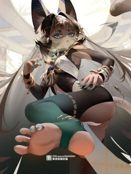 1girl absurdres animal_ears barefoot black_hair blue_eyes blush feet highres liwendala long_hair looking_at_viewer open_mouth original soles stirrup_legwear toeless_legwear toes veil