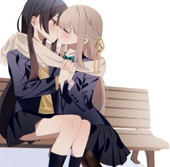 2girls bench black_jacket black_pantyhose black_skirt black_socks blazer blush brown_eyes brown_hair commentary hair_ribbon hakuchou_(towa_tsugai) highres holding_hands interlocked_fingers jacket karasu_(towa_tsugai) kiss long_hair multiple_girls on_bench pantyhose park_bench pleated_skirt ribbon saku_(nep4og1irv83362) simple_background sitting skirt socks sweater towa_tsugai white_background yellow_ribbon yellow_sweater yuri