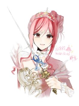 Rule 34 | 1girl, armor, birthday, birthday cake, breastplate, brown eyes, cake, character name, chinese commentary, closed mouth, collar, collarbone, commentary request, cropped torso, dated, detached collar, dot nose, dress, earrings, expressionless, food, frilled arm warmers, gold tiara, hair between eyes, hair bun, highres, holding, holding sword, holding weapon, infinity nikki, jewelry, lace collar, light blush, light smile, lips, long sidelocks, looking at viewer, melody bloom (infinity nikki), moailaozi037, nikki (nikki), nikki (series), off-shoulder dress, off shoulder, pink hair, pink lips, rapier, short hair with long locks, short sleeves, sidelocks, signature, simple background, single side bun, solo, swept bangs, sword, updo, wavy hair, weapon, white arm warmers, white background, white collar, white dress