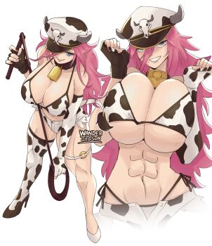 1girl abs absurdres alternate_breast_size_(larger) alternate_costume animal_print animal_skull artist_name asymmetrical_gloves bare_shoulders bell bikini black_gloves black_nails black_shoes blue_eyes blue_hair breasts breasts_squeezed_together cleavage collar commentary cow_print cow_print_bikini cow_print_gloves cow_print_thighhighs cow_skull cow_tail cowbell elbow_gloves english_commentary exposed_pocket fake_horns final_fight fingerless_gloves fingernails full_body gloves grin half-closed_eyes hands_up hat highres holding holding_whip horned_hat horns huge_breasts jingle_bell long_hair looking_at_viewer micro_shorts multicolored_nails multicolored_shoes multiple_views nail_polish navel o-ring o-ring_thigh_strap peaked_cap pink_hair poison_(final_fight) print_bikini print_gloves print_thighhighs seductive_smile shoes shorts single_thighhigh smile standing street_fighter string_bikini swimsuit tail thigh_strap thighhighs toned toned_female upper_body wanderjegson whip white_background white_nails white_shoes white_shorts