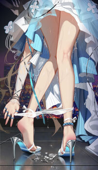 1girl absurdres amiya_(arknights) arknights bare_legs bent_over blue_dress clothes_pull dress from_behind high_heel_sandals highres huade_xiami jewelry leg_focus long_hair multiple_rings panties panty_pull ring sandals solo sweat trembling underwear very_long_hair white_panties