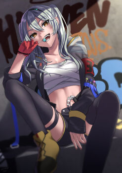 1girl absurdres armband bandages black_jacket black_shorts black_thighhighs breasts brown_eyes candy chest_sarashi collarbone fangs food gloves graffiti grey_hair hair_between_eyes hair_ornament heaven_burns_red highres holding holding_candy holding_food holding_lollipop hood hood_down jacket kurozawa_maki lollipop long_hair long_sleeves looking_at_viewer medium_breasts midriff navel nil_(pixiv_53614557) open_clothes open_jacket open_mouth red_gloves sarashi short_shorts shorts single_glove sitting smile solo strapless thigh_strap thighhighs tube_top twintails white_tube_top yellow_eyes