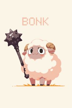 :3 archa_(archapxl) archapxl black_eyes blush_stickers brown_background closed_mouth commentary english_commentary english_text grass highres holding holding_mace holding_weapon horns looking_at_viewer mace no_humans original pixel_art sheep sheep_horns simple_background standing weapon