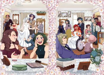 6+boys 6+girls adjusting_dress afro afro_puffs aliya_mahvash applying_makeup black_hair blonde_hair blue_streaks bouquet braid bridal_veil bride chuatury_panlunch closed_mouth commentary dark-skinned_female dark_skin dress elan_ceres english_commentary felsi_rollo floral_border flower flower_pot formal_clothes guel_jeturk gundam gundam_suisei_no_majo hair_flower hair_ornament henao_jazz highres indoors ireesha_plano kaereth lilique_kadoka_lipati long_hair maisie_may makeup martin_upmont miorine_rembran mirror multiple_boys multiple_girls nika_nanaura nuno_kargan ojelo_gabel petra_itta pink_hair pink_streaks purple_hair red_hair renee_costa sabina_fardin secelia_dote short_hair sitting sleeveless sleeveless_dress smile split_screen standing suit suletta_mercury teeth till_nys twin_braids veil wedding_dress wheelchair white_dress white_hair wife_and_wife window wooden_floor yuri