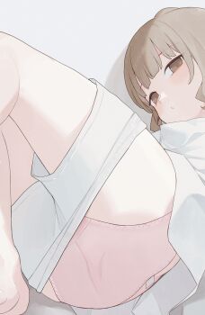 1girl brown_eyes brown_hair closed_mouth commentary grey_background highres hiroki_(yyqw7151) looking_at_viewer original panties pink_panties shirt short_hair shorts simple_background solo thighs underwear white_shirt white_shorts