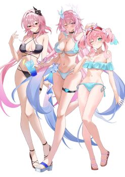 3girls aqua_hair bikini black_bikini black_choker blue_bikini breasts choker cleavage commentary cyrene_(demiurge)_(honkai:_star_rail) cyrene_(honkai:_star_rail) diamond-shaped_pupils diamond_(shape) evernight_(honkai:_star_rail) flower hair_flower hair_ornament higashiwun_izumi highres honkai:_star_rail honkai_(series) hyacine_(honkai:_star_rail) large_breasts long_hair looking_at_viewer march_7th_(honkai:_star_rail) medium_breasts medium_hair multicolored_hair multiple_girls navel pink_hair purple_eyes purple_hair red_eyes sandals simple_background stomach swimsuit symbol-only_commentary symbol-shaped_pupils toes twintails two-tone_hair very_long_hair white_background white_hair