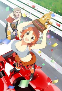 1boy 1girl :d animal_ears biker_clothes bikesuit bodysuit bottle breasts brown_eyes brown_hair car cleavage confetti faceless faceless_male fuma_(senran_kagura) grass grey_sports_bra hair_ribbon holding holding_bottle holding_trophy jumpsuit jumpsuit_around_waist large_breasts lens_flare looking_at_viewer looking_up medium_hair motor_vehicle navel ninto_(senran_kagura) official_alternate_costume official_art on_car open_bodysuit open_clothes open_mouth orange_bodysuit orange_hair orange_jumpsuit outdoors rabbit_ears race_vehicle racecar racetrack railing ribbon sad senran_kagura senran_kagura_new_wave shadow short_hair smile solo sports_bra standing tank_top teeth tongue topknot trophy upper_teeth_only wine_bottle yellow_bodysuit
