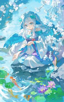 Rule 34 | 1girl, absurdres, bare shoulders, blue eyes, blue hair, blue wings, closed mouth, day, double-parted bangs, dress, fish, flower, full body, hair between eyes, highres, lily pad, long hair, long sleeves, off-shoulder dress, off shoulder, original, outdoors, purple flower, sitting, smile, solo, water, watermark, white dress, wide sleeves, wings, yi kuai cha suyou