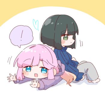! 2girls :d anyoji_hime anyoji_hime_(winter_loungewear) barefoot black_hair blonde_hair blue_eyes blue_sweater blunt_bangs blunt_ends bob_cut colored_speech_bubble commentary_request gradient_hair green_eyes grey_pants hood hood_down hoodie leaning_back leaning_on_person link!_like!_love_live! long_sleeves love_live! lying momiji_(moj_0404) momose_ginko momose_ginko_(winter_loungewear) multicolored_hair multiple_girls official_alternate_costume on_stomach open_mouth pants pink_hair purple_hoodie ribbed_sweater shadow short_hair simple_background sitting smile speech_bubble spoken_exclamation_mark sweater turtleneck turtleneck_sweater virtual_youtuber white_background