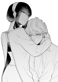 1boy 1girl arms_around_neck backless_outfit backless_sweater blush bra bra_peek comforting commentary_request couple dress dress_shirt glaring greyscale hair_between_eyes hairband hetero highres hug husband_and_wife looking_at_viewer looking_back monochrome parted_lips partially_unbuttoned sad shirt short_hair short_hair_with_long_locks sidelocks simple_background spy_x_family sunbo_zatta sweater sweater_dress tearing_up twilight_(spy_x_family) underwear upper_body very_short_hair white_background yor_briar