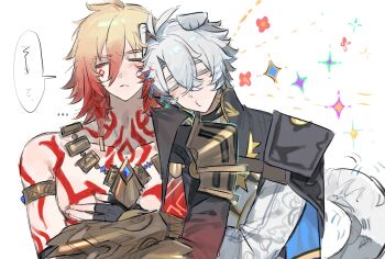 Rule 34 | 2boys, animal ears, antenna hair, arm tattoo, armlet, armor, black choker, black coat, black gloves, black shirt, blonde hair, blue cape, blush, braid, cape, chest tattoo, chinese commentary, choker, clawed gauntlets, closed eyes, coat, commentary request, crossed arms, dog boy, dog ears, dog tail, earrings, facial tattoo, fingerless gloves, gloves, gold earrings, gold necklace, gradient hair, highres, honkai: star rail, honkai (series), hug, jewelry, male focus, medium hair, multicolored hair, multiple boys, mydei (honkai: star rail), neck tattoo, necklace, open clothes, open coat, parted bangs, pauldrons, phainon (honkai: star rail), red hair, red tattoo, shirt, short hair, shoulder armor, side braid, single pauldron, sjdniwk, sun symbol, sun tattoo, tail, tan, tattoo, white background, white coat, white hair, yaoi