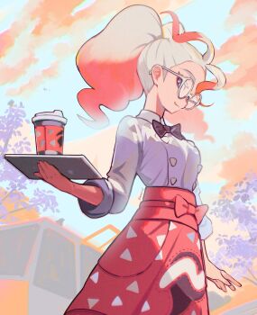 1girl apron black_bow black_bowtie blue_eyes bow bowtie closed_mouth cloud collared_shirt commentary_request cup disposable_coffee_cup disposable_cup eudetenis glasses griselle_(pokemon) highres holding holding_tray multicolored_hair nintendo outdoors pokemon pokemon_legends:_z-a print_apron shirt sky smile solo tray triangle_print two-tone_hair waist_apron