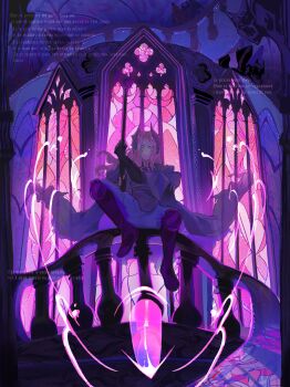 Rule 34 | 1girl, absurdres, backlighting, black boots, black cape, black gloves, black jacket, blue pants, boots, bullet, cape, fingerless gloves, french text, full body, gloves, grey eyes, grey hair, gun, hair ornament, hashtag-only commentary, highres, holding, holding gun, holding weapon, jacket, koiii (ichikakoiii), long hair, looking at viewer, on railing, pants, purple theme, railing, reverse:1999, rifle, sentinel (reverse:1999), sitting, solo, stained glass, straight-on, weapon, window