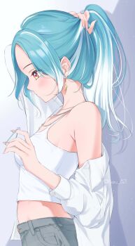 1girl absurdres arms_behind_head bead_necklace beads blue_hair breasts camisole denim denim_shorts diamond_earrings earrings from_side grey_shorts hair_tie hairu_821 highres holding holding_hair_tie jewelry long_hair medium_breasts midriff multiple_necklaces necklace off_shoulder ponytail profile red_eyes shiranami_ramune shiranami_ramune_(4th_costume) shirt short_hair shorts single_off_shoulder solo tying_hair virtual_youtuber vspo! white_camisole white_shirt