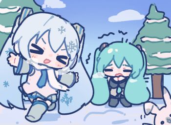 >_< 2girls :3 animal blue_hair boots breath chibi chibi_only cold commentary day detached_sleeves hatsune_miku long_hair long_sleeves miratsu_(miratsu169) multiple_girls necktie open_mouth outdoors outstretched_arms pleated_skirt rabbit rabbit_yukine scarf shirt skirt sky sleeveless sleeveless_shirt smile snow symbol-only_commentary tree trembling twintails very_long_hair vocaloid walking yuki_miku yuki_miku_(2011)
