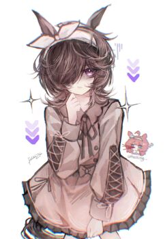 2girls absurdres ahoge alternate_hairstyle animal_ears aroused_nosebleed blood blue_eyes blush bow_hairband breasts brown_dress brown_hair brown_hairband brown_ribbon casual closed_mouth collared_dress doktahzaki dress ear_ornament grey_hairband hair_between_eyes hair_over_one_eye hairband highres horse_ears horse_girl horse_tail long_hair long_sleeves looking_at_viewer mihono_bourbon_(umamusume) multiple_girls nosebleed official_alternate_costume purple_eyes purple_shirt ribbon rice_shower_(casual)_(umamusume) rice_shower_(umamusume) sailor_collar sailor_shirt school_uniform shirt silver_hairband solo_focus tail tracen_school_uniform umamusume white_hairband white_sailor_collar wolf_cut