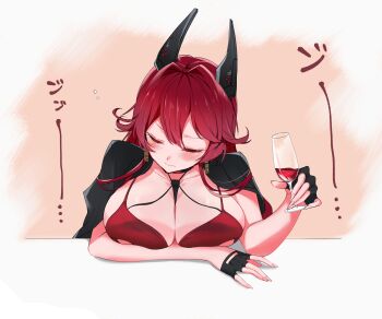 Rule 34 | 1girl, absurdres, alcohol, between breasts, breasts, closed eyes, closed mouth, dress, evening gown, garasu toumei, goddess of victory: nikke, highres, horns, mechanical horns, official alternate costume, red dress, red hair, red hood (nikke), red hood (nonsense red) (nikke), red wine, solo, strap between breasts, upper body, wine