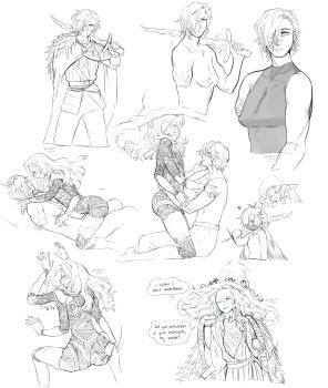 2girls amputee anus ass bramblefix breasts cape cracked_skin elden_ring english_text extra_arms greyscale hair_over_one_eye hat highres jagged_sword joints monochrome multiple_girls nipples nude over_shoulder ranni_the_witch sequential simple_background speech_bubble straddling sword tarnished_(elden_ring) topless_female upright_straddle weapon weapon_over_shoulder witch_hat yuri