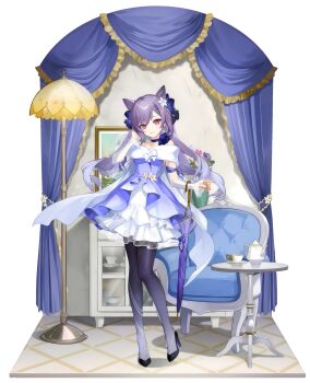 Rule 34 | 1girl, absurdres, black shoes, braid, cone hair bun, detached sleeves, double bun, dress, earrings, floating hair, flower, full body, genshin impact, gradient legwear, hair bun, hair flower, hair ornament, high heels, highres, holding, holding umbrella, jewelry, keqing (genshin impact), keqing (resplendent feast) (genshin impact), long hair, long sleeves, looking at viewer, official alternate costume, official art, pantyhose, parted lips, purple hair, purple pantyhose, shoes, smile, solo, standing, third-party source, transparent background, twintails, umbrella, white dress, white flower