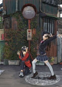 2girls absurdres animegao arms_up between_fingers black_hair black_jacket black_leggings black_shoes blue_eyes blue_skirt bow bowtie building chalk chalk_drawing colored_lapels cosplay crossed_arms day frilled_skirt frills hair_ornament hairpin hands_up head_back hexagram highres holding holding_chalk hood hood_down hoodie jacket kigurumi koze_niire lapels leggings long_hair long_sleeves looking_up magic_circle miniskirt multiple_girls multiple_hairpins nazono_mito nijisanji on_one_knee open_mouth outdoors pink_bow pink_bowtie plaid_clothes plaid_skirt plant pleated_skirt potted_plant red_hoodie school_uniform shoes sign skirt smile sneakers standing standing_on_magic_circle thighhighs traffic_mirror tsukino_mito tsukino_mito_(sporty) twitter_username very_long_hair virtual_youtuber watermark white_shoes white_thighhighs window zettai_ryouiki