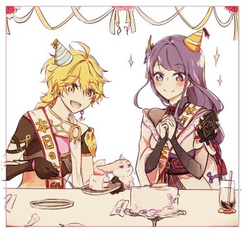 1boy 1girl aether_(genshin_impact) ahoge armor asymmetrical_sleeves birthday_cake blonde_hair blunt_bangs blush braid bridal_gauntlets brown_gloves cake cake_slice closed_mouth commentary_request couple crop_top cup earrings food fox_girl bad_tag genshin_impact gloves hair_between_eyes hair_ornament happy happy_birthday hat highres holding holding_plate indoors japanese_clothes jewelry kimono light_smile long_braid long_hair looking_down looking_to_the_side looking_up mitsudomoe_(shape) multicolored_hair neck_ribbon nezdango off_shoulder open_mouth own_hands_together party party_hat plate purple_eyes purple_hair purple_kimono raiden_shogun red_ribbon red_sash ribbon sash scarf shade short_sleeves shoulder_armor single_braid single_earring sparkle streaked_hair sweets table tomoe_(symbol) uneven_sleeves white_background white_scarf wide_sleeves yae_miko yae_miko_(fox) yellow_eyes