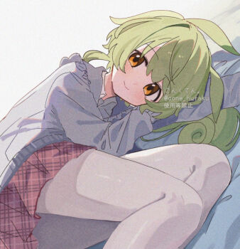Rule 34 | 1girl, alternate costume, artist name, closed mouth, commentary request, corn kuten, feet out of frame, frilled shirt, frills, green hair, grey shirt, long hair, long sleeves, looking at viewer, lying, miniskirt, on side, pantyhose, plaid clothes, plaid skirt, shirt, skirt, smile, solo, twitter username, voiceroid, voicevox, watermark, white pantyhose, yellow eyes, zundamon
