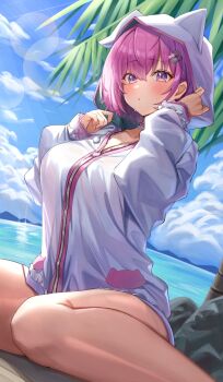 1girl beach blue_sky blush breasts cloud cloudy_sky collarbone commentary_request day green_hoodie hair_between_eyes hakui_koyori hakui_koyori_(summer) hexagon_print highres hololive hood hood_up hoodie large_breasts long_sleeves medium_hair menmen_(menmen13s) ocean outdoors palm_tree pink_eyes pink_hair sitting sky solo thighs tree two-tone_hoodie virtual_youtuber white_hoodie
