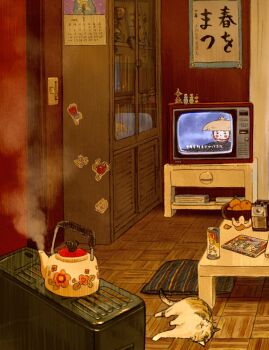 animal calendar_(object) can cat crt cup cushion damachitanu drink_can figure floor food fruit hat heater highres indoors kettle kitakaze_kozou_no_kantarou minna_no_uta_(nhk) moomin moomintroll mug orange_(fruit) orange_peel original snufkin steam sticker table television trophy