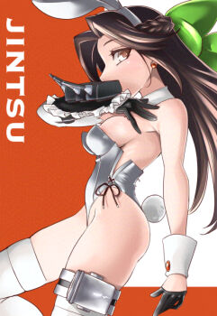 1girl adapted_turret animal_ear_hairband animal_ears arm_warmers black_gloves bow bowtie braid brown_eyes brown_hair character_name detached_collar earrings fake_animal_ears gloves green_bow hair_bow hair_intakes hairband half_gloves half_up_braid highleg highleg_leotard jewelry jintsuu_(kancolle) kantai_collection leotard long_hair looking_at_viewer playboy_bunny profile rabbit_ears rabbit_tail side-tie_leotard silver_leotard single_arm_warmer solo strapless strapless_leotard tail thighhighs udukikosuke white_thighhighs wrist_cuffs