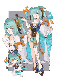 1girl absurdres blue_hair blue_ribbon breasts closed_mouth color_guide double_bun eyeshadow floating full_body hair_bun highres hip_bones hitodama holding holding_smoking_pipe inami_yoki inami_yoki_(3rd_costume) inami_yoki_(artist) indie_virtual_youtuber makeup medium_breasts ofuda open_mouth orange_eyes pelvic_curtain platform_sandals reference_sheet ribbon rope sandals shimenawa short_hair shrine_bell skull smoking_pipe smug talisman thighs toes virtual_youtuber
