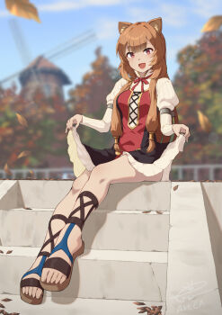 1girl animal_ear_fluff animal_ears blush bow bowtie breasts commission dress esw_artca frilled_dress frills highres long_hair looking_at_viewer medium_breasts open_mouth orange_hair outdoors pixiv_commission raphtalia red_bow red_bowtie red_eyes revision sandals short_sleeves sitting solo tate_no_yuusha_no_nariagari